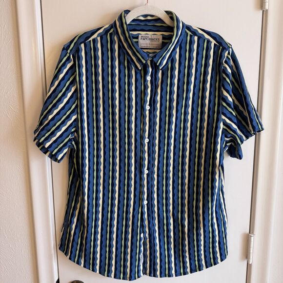 Mens Original Paperbacks Riviera Stripe Short Sleeve Button-Up Shirt Blue Large - Picture 2 of 5